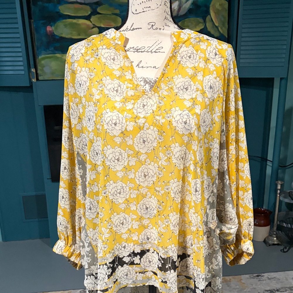 CAbi Yellow and White Floral Blouse